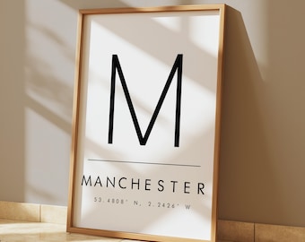 Impresión de coordenadas de Manchester: arte tipográfico moderno