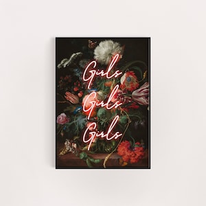 Girls girls girls neon funny poster print, gift for her, A5 8x10 A4 A3, unframed wall art retro groovy, unique feminist present
