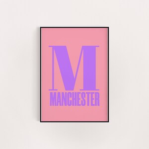 Manchester location poster print, postcode, Manchester gift, pink lilac birthday gift, housewarming present