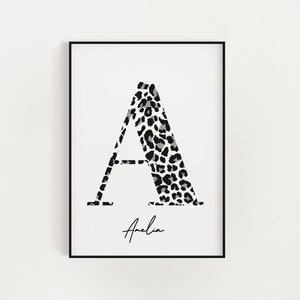 Leopard Initial print, Initial poster, Leopard animal wall art, birthday gift idea, leopard girls kids bedroom, gift for girls, name poster