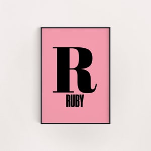 Impresión inicial rosa, póster inicial, arte de pared con animales de leopardo, idea de regalo de cumpleaños, dormitorio de niñas, regalo para niñas, póster