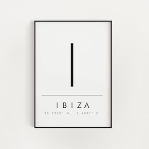Póster de regalo con coordenadas de Ibiza, tipografía, impresión de ubicación, carta, inauguración de la casa, arte mural, impresión de moda, idea de regalo, zona