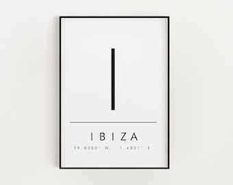 Póster de regalo con coordenadas de Ibiza, tipografía, impresión de ubicación, carta, inauguración de la casa, arte mural, impresión de moda, idea de regalo, zona
