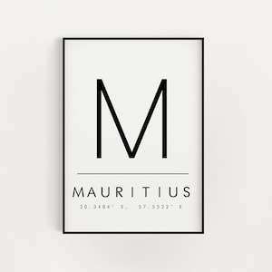 Mauritius co ordinate print poster gift, typography, location print, Letter, housewarming, wall art, fashion print, gift idea, area
