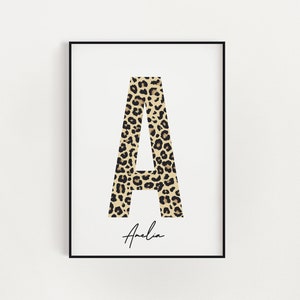 Leopard Initial print, Initial poster, Leopard animal wall art, birthday gift idea, leopard girls kids bedroom, gift for girls, name poster