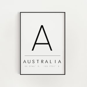 Australia co ordinate print poster gift, typography, location print, Letter, housewarming, wall art, fashion print, gift idea, area