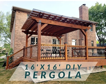 May include: A 16' x 16' DIY pergola made of wood with a brown stain. The pergola is attached to a brick house and has a clear polycarbonate roof. The pergola is over a wooden deck with a black metal railing.