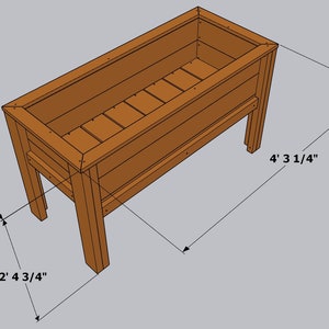 May include: A wooden planter box with a rectangular shape and a brown stain. The planter is 4' 3 1/4" long, 2' 4 3/4" wide, and 1' 10 1/4" high.