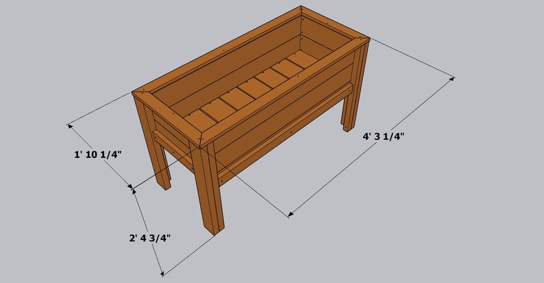 May include: A wooden planter box with a rectangular shape and a brown stain. The planter is 4' 3 1/4" long, 2' 4 3/4" wide, and 1' 10 1/4" high.