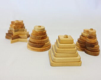 SET of 4 WOODEN PYRAMID. Montessori wooden pyramid. Balance toy. Motor skills