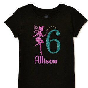 Camiseta sin mangas de cumpleaños de hada con purpurina personalizada, 6.º cumpleaños, 7.º cumpleaños, 5.º cumpleaños, hada del jardín, hada encantada, camiseta negra
