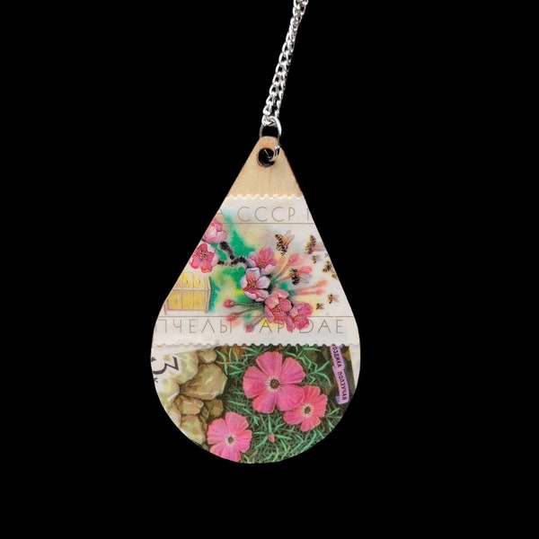 Postage Stamp Necklace, Decoupage Jewelry, Vintage Retro, Pink Flower Pendant, Gift for Her, Cottagecore, Spring Jewelry, Summer Wardrobe