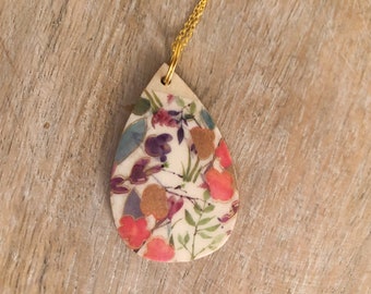 Double Sided Pendant Statement Necklace, Decoupage Jewelry, Pink Flower Pendant, Wooden Teardrop, Cottagecore Necklace, Gift for Her
