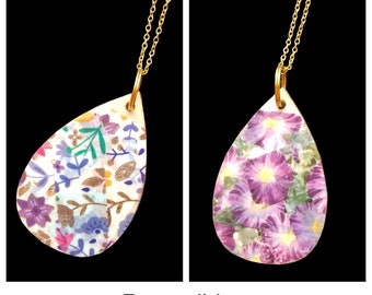 Reversible Pendant Statement Necklace, Decoupage Jewelry, Small Wood Pendant, Teardrop Necklace, Floral Cottagecore Necklace, Gift for Her