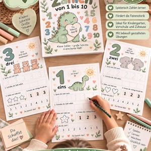Könnte beinhalten: Ein pädagogisches Arbeitsheft für Kinder mit dem Titel Meine Zahlen von 1 bis 10 mit einer grünen Dinosaurier-Illustration, begleitet von Arbeitsblättern für die Zahlen eins, zwei und drei, mit deutschem Text, bunten Grafiken und Symbolen.