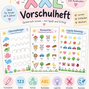 Pode incluir: Um caderno de exercícios pré-escolar imprimível intitulado Mein XXL Vorschulheft com 33 páginas. Inclui atividades educativas como traçar linhas, rimas e sequências lógicas com ilustrações coloridas de animais, formas e objetos.