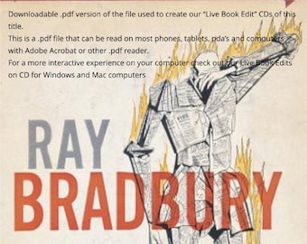 May include: A book cover with a fiery orange and yellow background. The title "Fahrenheit 451" is in large green letters. The author's name "Ray Bradbury" is in red letters. The 50th Anniversary Edition is written below the title.