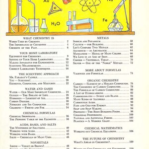 May include: A vintage textbook cover with a yellow background and illustrations of chemical elements and lab equipment. The text on the cover reads "Contents" and lists topics such as "What Chemistry Is", "Metals", "Organic Chemistry", "Chemical Formulas", "Acids, Bases, and Salts", "Nonmetals", "Chemical Mathematics", "The Future of Chemistry", and "Where to Get Chemicals and Equipment".