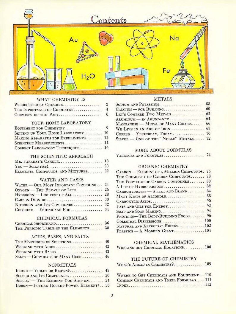May include: A vintage textbook cover with a yellow background and illustrations of chemical elements and lab equipment. The text on the cover reads "Contents" and lists topics such as "What Chemistry Is", "Metals", "Organic Chemistry", "Chemical Formulas", "Acids, Bases, and Salts", "Nonmetals", "Chemical Mathematics", "The Future of Chemistry", and "Where to Get Chemicals and Equipment".