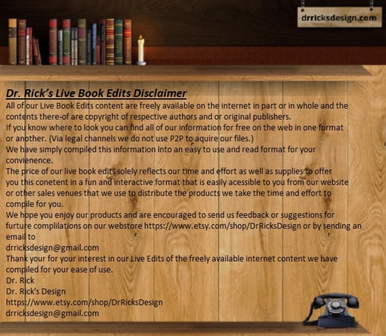 May include: A disclaimer for Dr. Rick's Live Book Edits, stating that all content is freely available online and is compiled for ease of use. The disclaimer also includes contact information for Dr. Rick's Design.