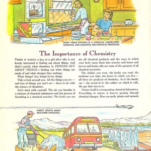 May include: An illustrated image showing the importance of chemistry in everyday life. The image shows a kitchen scene with a woman cooking and a girl helping. The text "Every home kitchen is a chemical laboratory. Cooking and cleaning are chemical processes." is included. The image also shows a bus, a farm scene with chickens, and a water purification system. The text "Chemistry provides fuel for all kinds of transportation." and "Purification of water" is included.