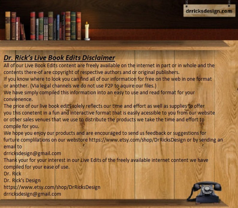 May include: A disclaimer for Dr. Rick's Live Book Edits, stating that all content is freely available online and is compiled for ease of use. The disclaimer also includes contact information for Dr. Rick's Design.