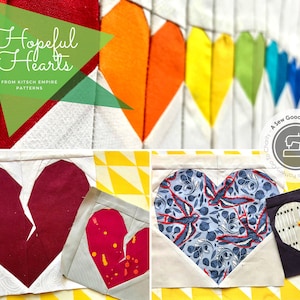 May include: A quilt block with a red heart with a broken line down the middle. The quilt block is surrounded by yellow and white fabric. The text "Hopeful Hearts" is visible in the background.