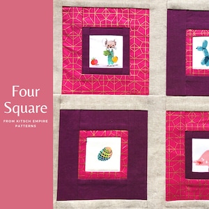 May include: Four Square quilt block pattern featuring a pink and gold geometric fabric with a purple border. The block includes four smaller squares with images of a mouse, a balloon animal, a seashell, and a flamingo.