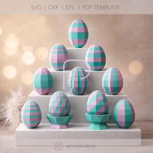 Kit de artesanato em papel para ovos de Páscoa com 12 modelos, 10 ovos e 2 suportes para ovos, artesanato em papel 3D, ovos para montar, modelo de decoração de Páscoa em papel low poly.