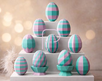 Easter Egg Papercraft template 12 designs,10  Eggs and 2 egg holders,3D papercraft ,DIY eggs, low poly paper crafts Easter decor model