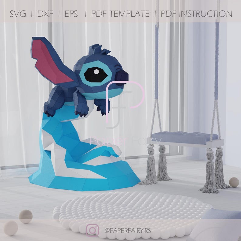 Cartoon Character Papercraft, Low Poly Toy, Blue Alien Party Decor, Low Poly Papercraft, Paper Sculpture Template, 3D Origami Paper Model