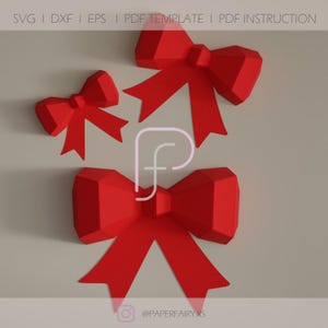 Modello di fiocco di carta 3D, pacchetto di fiocchi di carta fai da te, scultura di fiocco a basso contenuto di poligoni, file SVG per Cricut, fiocco regalo stampabile in PDF, Natale, compleanno
