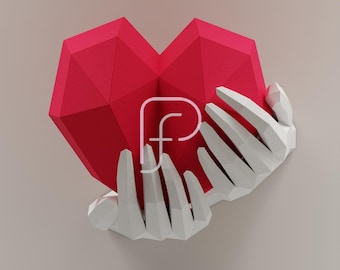Heart Hands Papercraft, Low Poly Printable Template, DIY Low Poly, Hand Statue Art, 3D Papercraft Project, Low Poly Model, DIY Paper Heart