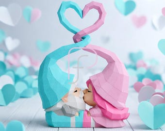 Valentine’s Gnome Couple SVG, Low Poly 3D Papercraft Template, DIY Paper Craft PDF dxf eps for Cricut Silhouette, Instant Download Decor Set