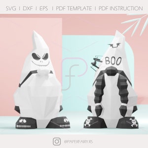 May include: Two papercraft Halloween gnomes, one with a white ghost face and the other with a black ghost face. The ghost faces have black eyes and mouths. The gnome with the white ghost face has the word "BOO" written on its hat. Both gnomes have black boots with skull and crossbones.