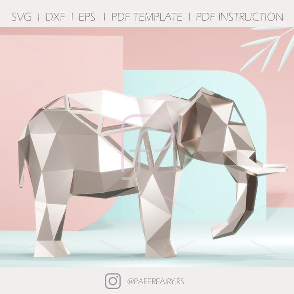 Low Poly 3d Papercraft Sculpture d’éléphant, modèle en papier 3D, décor de statue d’art moderne avec des formes de sculpture géométrique à facettes paramétriques