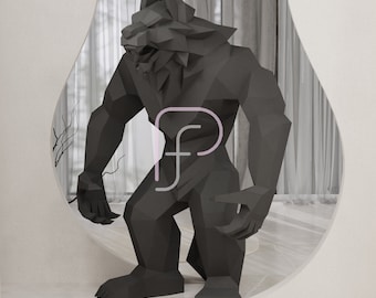 May include: A black papercraft model of a werewolf standing in a room with white walls and sheer curtains. The werewolf is in a crouching position with its head turned to the side. The model is made of folded paper and has a realistic appearance.