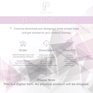 May include: A pink and white graphic with the text 'Paper Fairy' and 'How It Works' in black text. The graphic explains how to download digital designs in three steps: order, download, and have fun. The graphic also includes the text 'This is a digital item. No physical product will be shipped.'