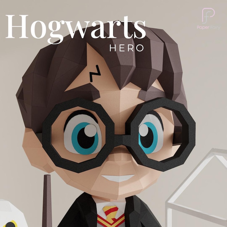 Close-up image of a low poly papercraft wizard character with bold text 'Hogwarts Hero,' showcasing large glasses, blue eyes, and a lightning bolt scar. Part of a DIY printable papercraft template.
