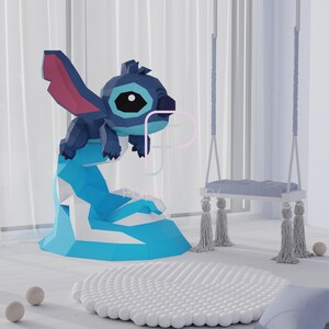 Cartoon Character Papercraft, Low Poly Toy, Blue Alien Party Decor, Low Poly Papercraft, Paper Sculpture Template, 3D Origami Paper Model