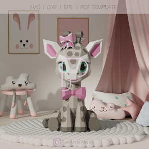 Linda plantilla de jirafa en papel / Escultura de papel animal 3D diy de baja poli / Modelo imprimible SVG, PDF, DXF, EPS / Archivo Cricut para decoración de habitación infantil
