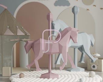 Low Poly Horse Papercraft Template – 1m 3D Carousel Paper Horse, SVG DXF eps pdf, DIY Party Centerpiece for Nursery & Birthday Decor