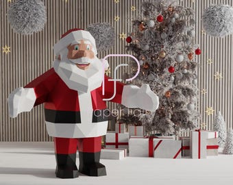 May include: A red and white papercraft Santa Claus figure stands in front of a decorated Christmas tree with presents underneath. The background is a wood-paneled wall with white fluffy balls hanging from the top.