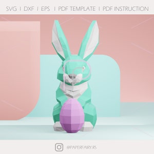 Low poly Rabbit Papercraft PDF, SVG Template Creating Rabbit Holding Easter Eggs Paper Craft - 3D SVG for Cricut Projects - 3d easter bunny