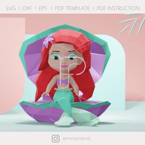 Escultura de papel 3D de muñeca sirena en la ola de baja poli, 2 diseños incluidos, modelo de papel 3D de muñeca