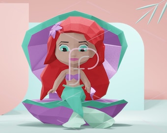 Low poly Mermaid Doll on the wave 3d papercraft sculpture,2 designs included ,Doll 3D paper model