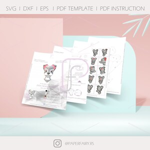 May include: A printable papercraft template for a dog head. The template includes instructions and a colour guide. The dog is grey with black eyes and a pink nose. The template is designed for papercraft enthusiasts and is available in SVG, DXF, EPS, and PDF formats.