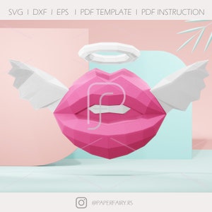 3D Papercraft-sjabloon met engellippen |  Laag poly tuit lippen muur kunst decor sculptuur voor thuis of salon