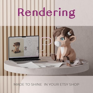 May include: A papercraft bull figurine with a laptop displaying a similar image, alongside printed templates. The word "Rendering" is displayed in purple. The text "MADE TO SHINE IN YOUR ETSY SHOP" is also visible.