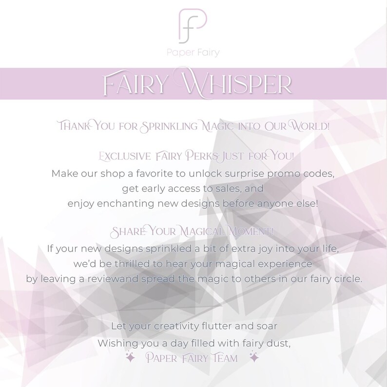 Thank you card from Paper Fairy with pastel geometric design, offering exclusive perks and encouraging customers to share their magical papercraft creations. Included with papercraft template purchases.